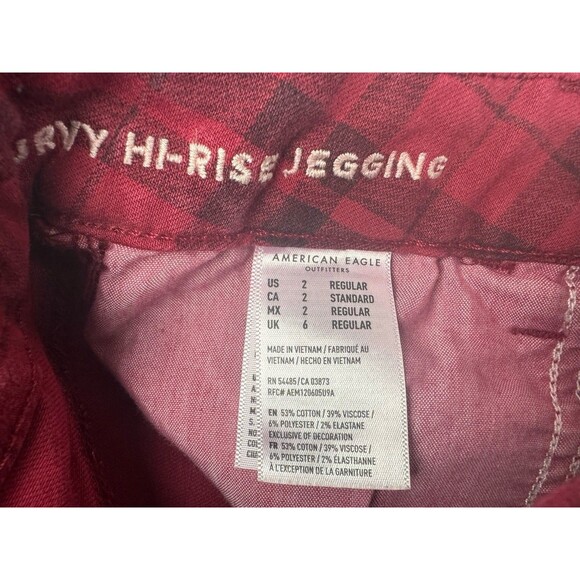 American Eagle Size 2 Womens Jean Curvy Hi Rise Jegging Skinny Red Plaid Stretch - Picture 3 of 4